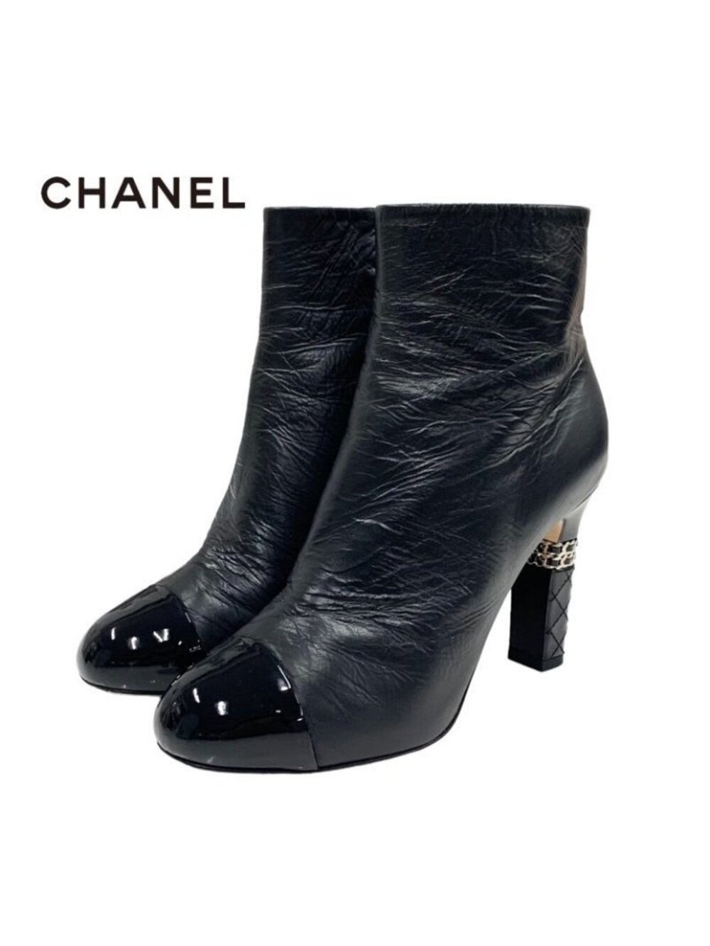 Chanel Boots Short Shoes Leather Patent Black Silver Coco Mark Chain